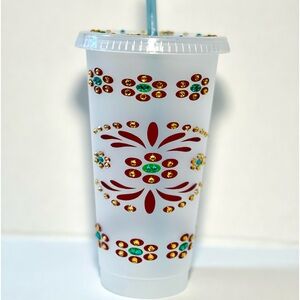 Tumbler 24 oz with Vinyl pottery design/bling rhinestones Handcrafted New
